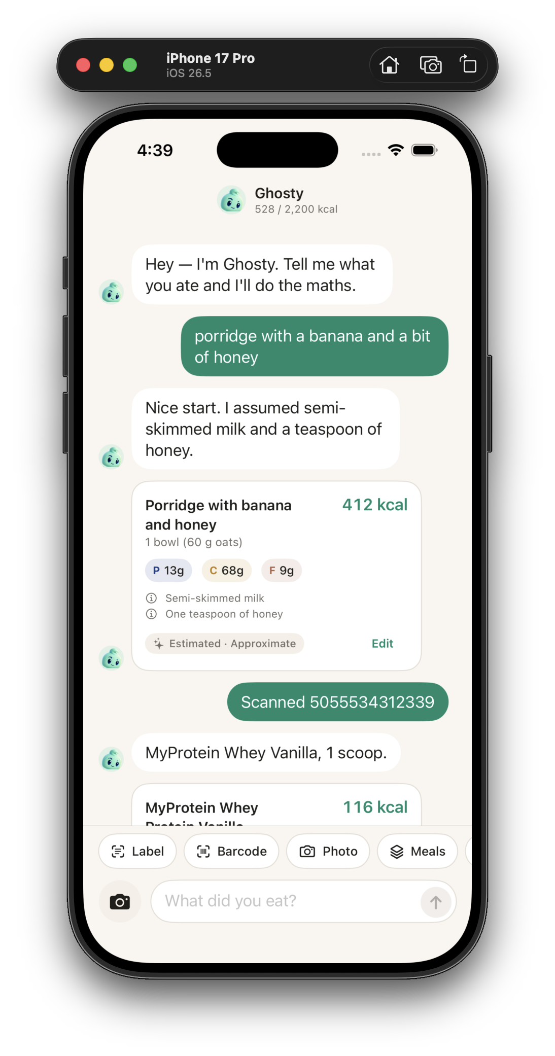 Ghosty app logging porridge and a scanned product in a chat